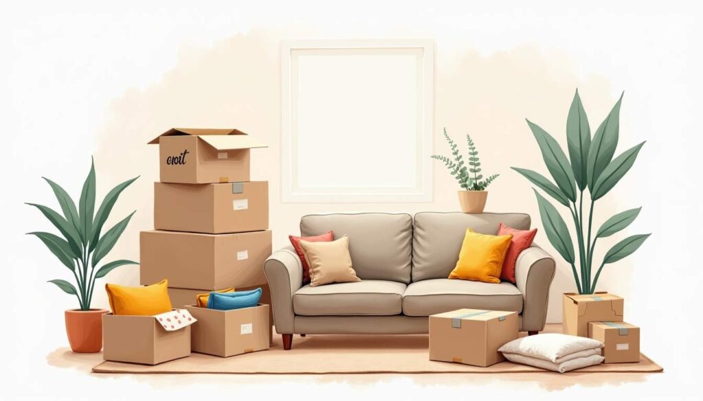 A well-organized packing scene featuring sturdy boxes filled with various household items