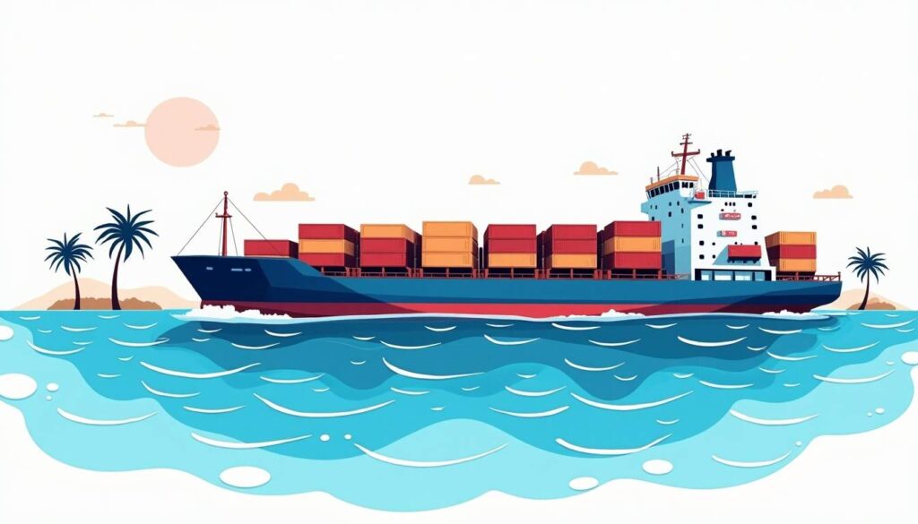 A large cargo ship navigating through vibrant blue waters