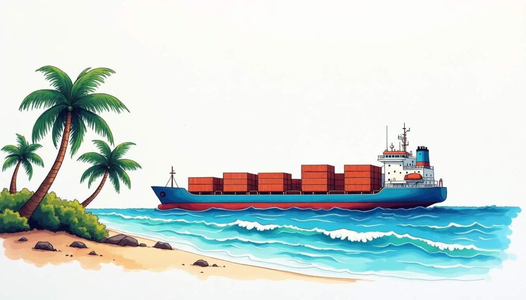 Draw an illustration of a cargo ship navigating from the coast of florida to the shores of puerto rico