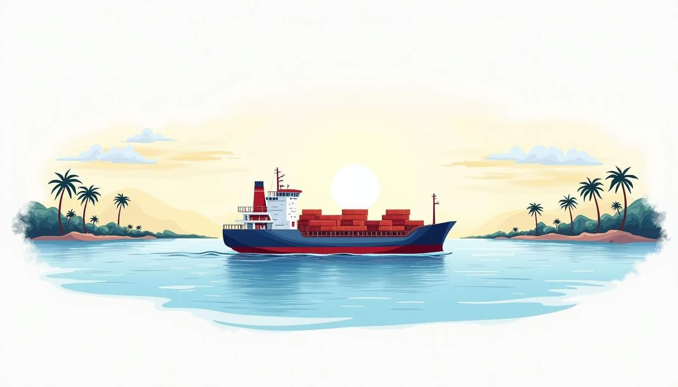 A cargo ship navigating through calm waters with a backdrop of the florida coastline on one side and the puerto rican coastline on the other