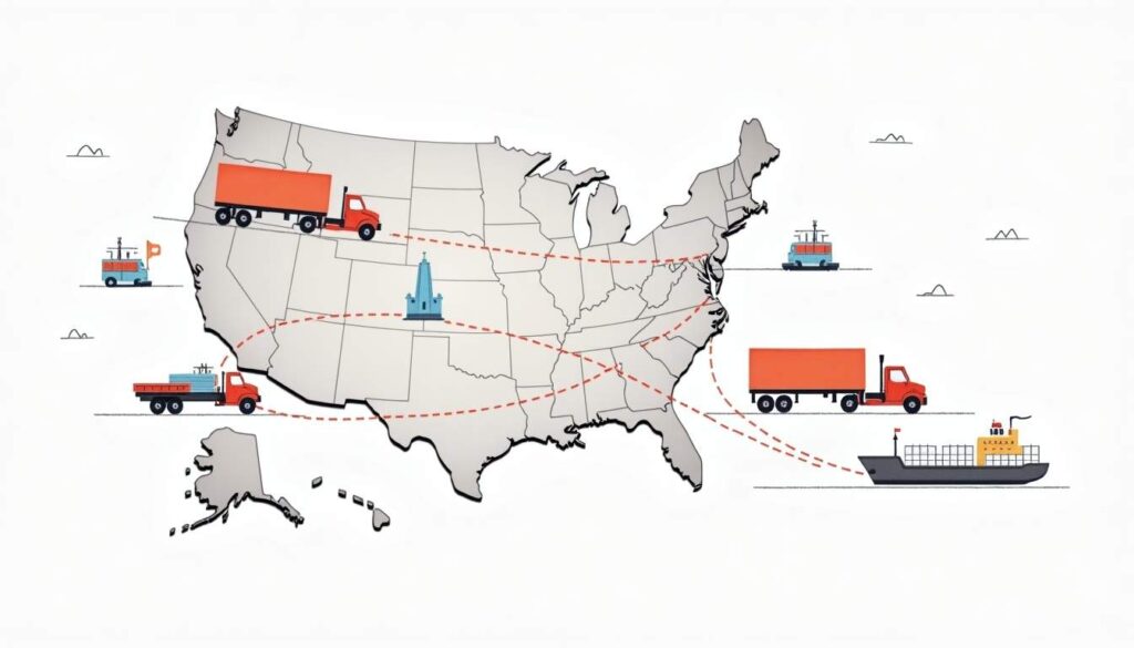 A stylized map highlighting the shipping routes from the mainland u.s. to puerto rico