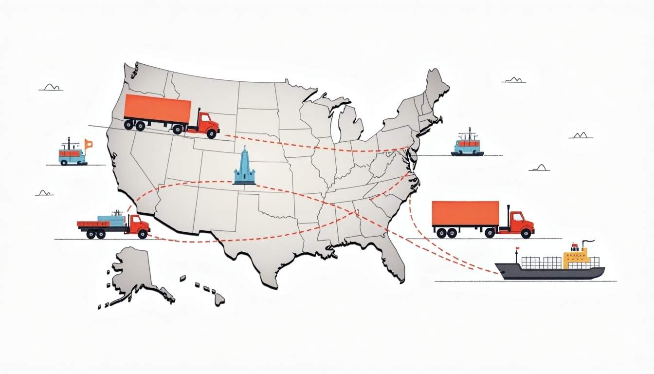 A stylized map highlighting the shipping routes from the mainland u.s. to puerto rico