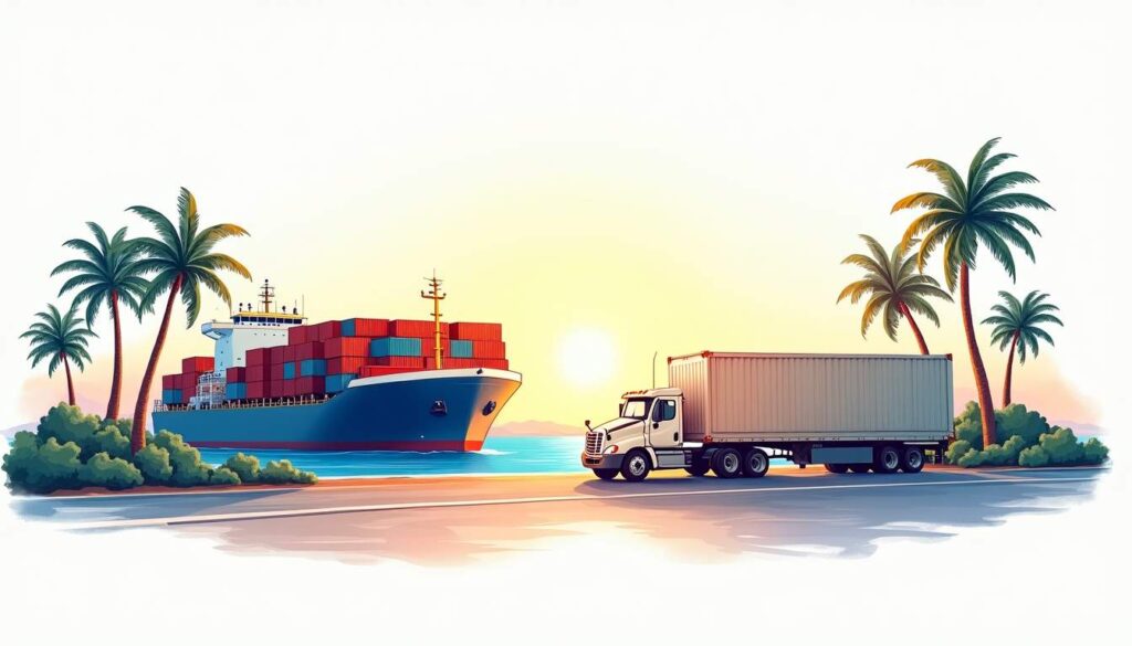 A split scene depicting a large cargo ship loaded with full containers on one side and a smaller truck carrying ltl (less than truckload) freight on the other