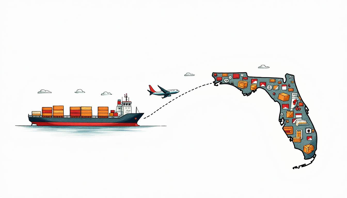 An outline of florida and puerto rico connected by a stylized shipping route