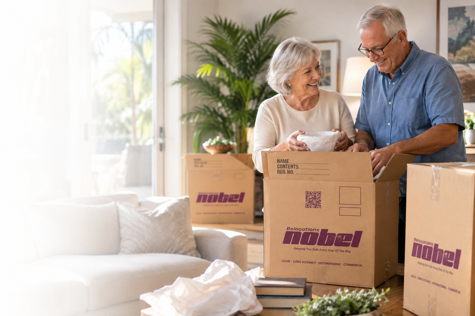 Senior couple packing for a move with Nobel Relocation
